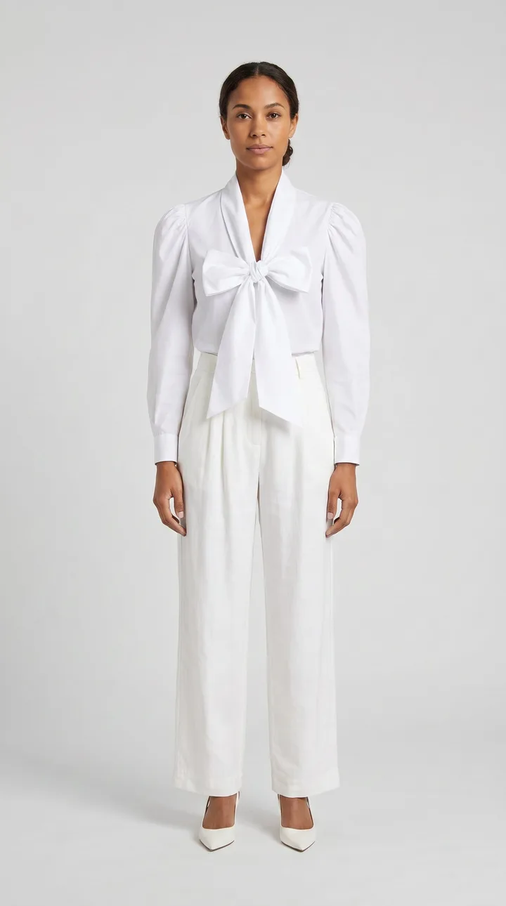 Blusa de laço e pantalona (Trabalho), prova virtual real na Abcielli